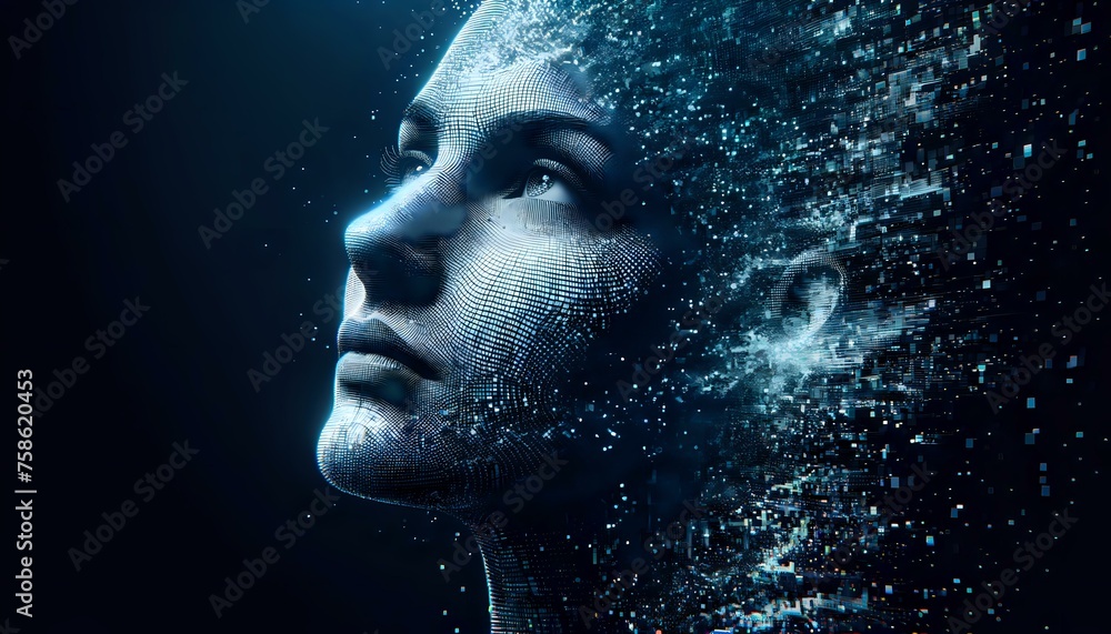 Human face of Artificial Intelligence dissolved into space. The New Face of AI Human face of Artificial Intelligence dissolved into space. The New Face of AI