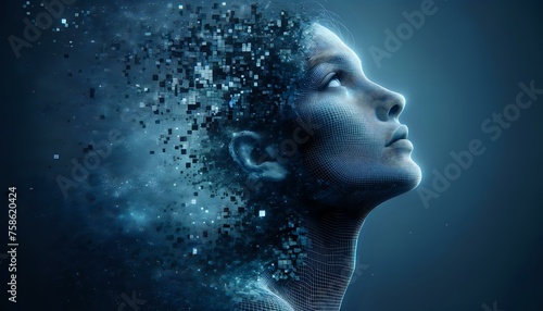 Human face of Artificial Intelligence dissolved into space. The New Face of AI © Maquette Pro