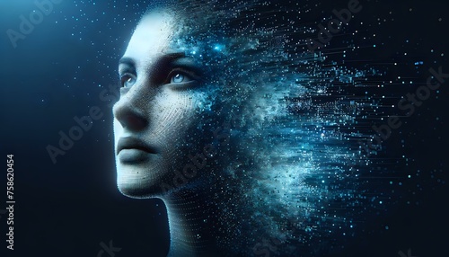 Human face of Artificial Intelligence dissolved into space. The New Face of AI