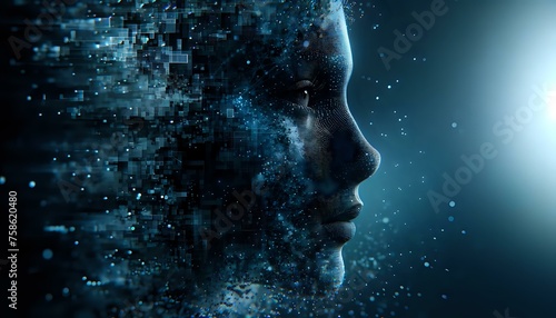 Human face of Artificial Intelligence dissolved into space. The New Face of AI