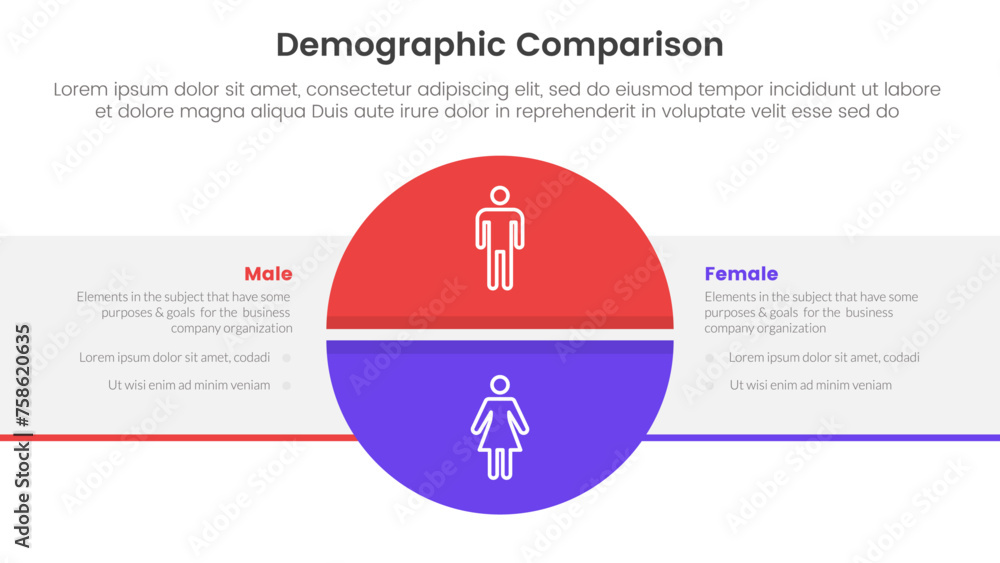 demographic man vs woman comparison concept for infographic template banner with big circle divided and box rectangle with two point list information demographic man vs woman comparison concept for infographic template banner with big circle divided and box rectangle with two point list information