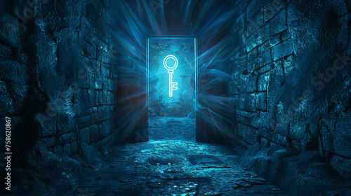 Conceptual artwork of a mystical glowing key floating in a passage of an eerie ancient dungeon.