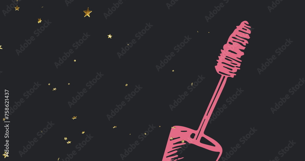 Naklejka premium Image of pink mascara brush, with gold stars on black background