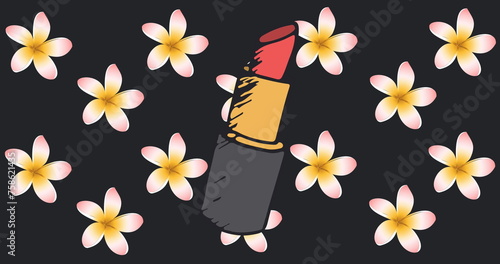 Image of lipstick over flowers on black background