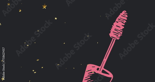 Image of pink mascara brush, with gold stars on black background