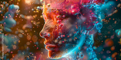 Side profile of a woman with her face overlaid by a luminous holographic mesh, evoking concepts of biometric identification and advanced technology. for Synthetic media and creative technology concept