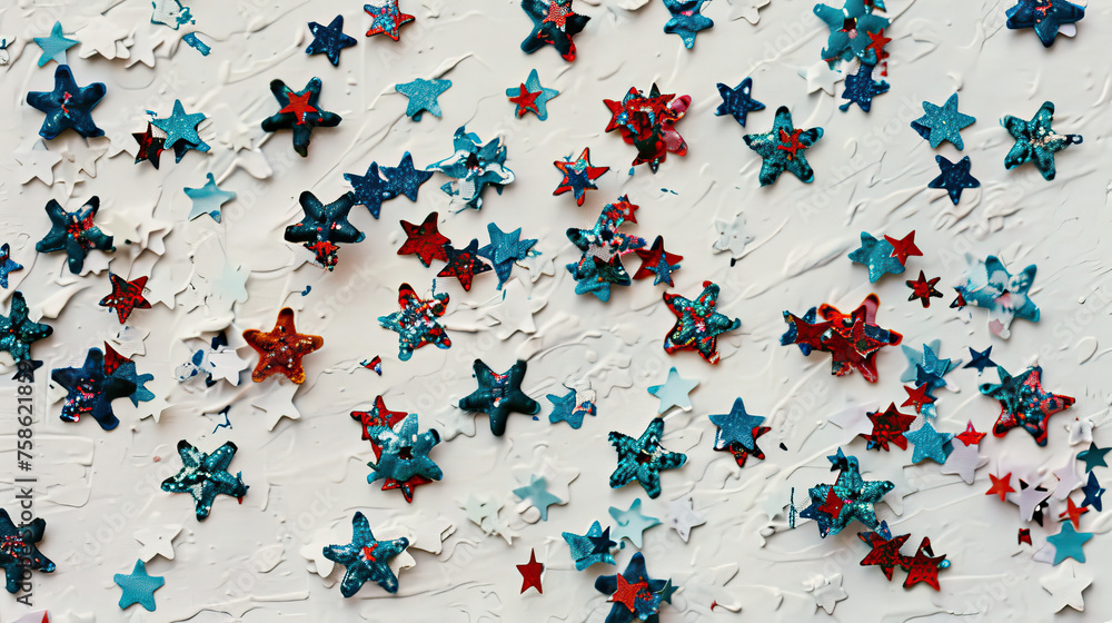 Colorful starshaped confetti scattered on a white textured background suggesting a celebration or festive decoration Colorful starshaped confetti scattered on a white textured background suggesting a celebration or festive decoration