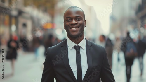 portrait of a handsome smiling young businessman boss in a black suit walking on a city street to his company office. blurry street background, confident