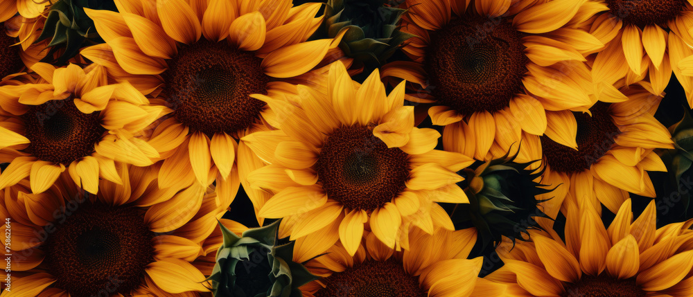 Top view background of bunch of blooming yellow Sunflowers flower petals plant with green leaves Top view background of bunch of blooming yellow Sunflowers flower petals plant with green leaves