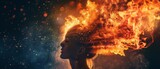 Woman hair burning like fire desires Illustrate the depths of human desires by capturing fire as a metaphorical representation