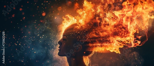 Woman hair burning like fire desires Illustrate the depths of human desires by capturing fire as a metaphorical representation photo