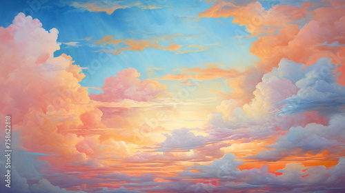 A painting of a colorful sky with clouds ..