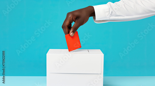 A persons hand is shown inserting a card into a slot on a white box against a blue background photo