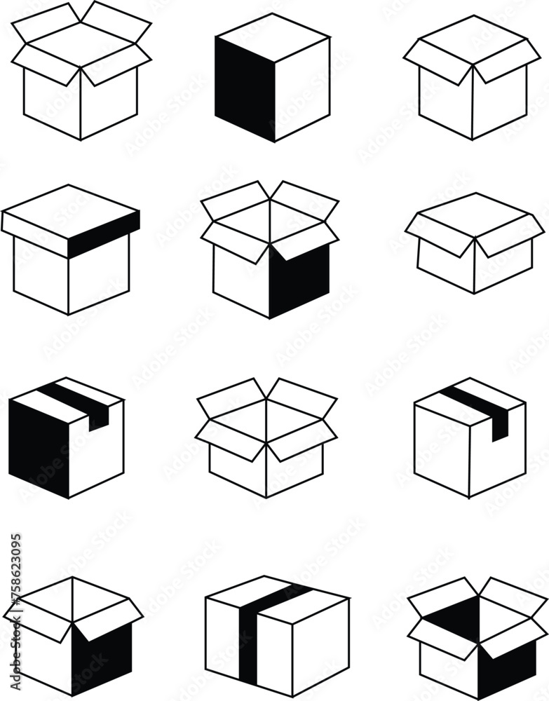 Box simple icon collection. Box in flat style. Carton box icons. Delivery icon. Vector illustration Box simple icon collection. Box in flat style. Carton box icons. Delivery icon. Vector illustration