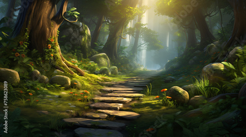 A picturesque landscape with a path leading to a lush