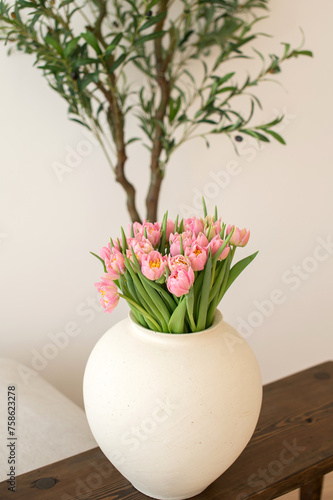 Wallpaper Mural Pink tulips in white vase on wooden table. Torontodigital.ca