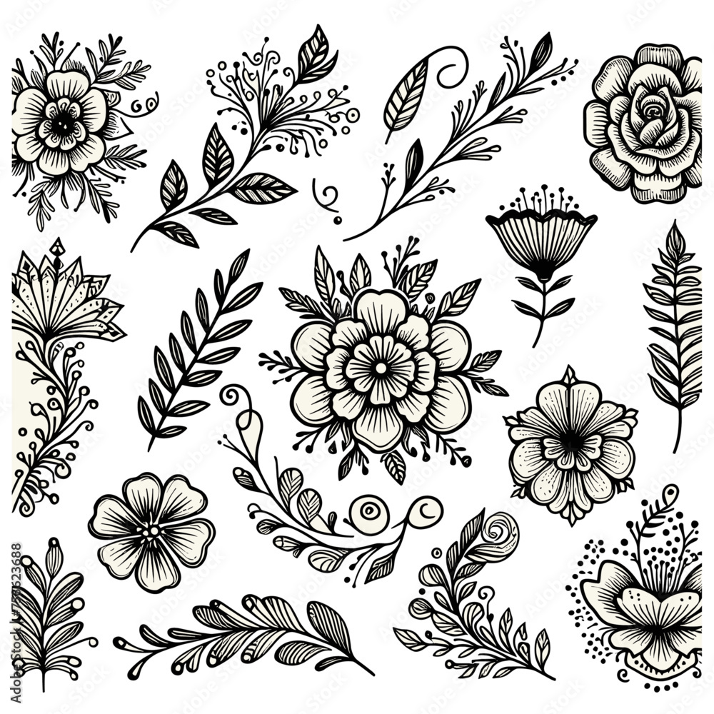 Floral design elements in doodle style