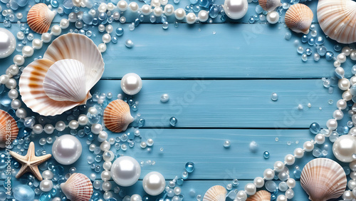 light sea blue background with shells and pearls with copy space. Generative AI