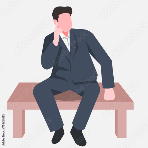 Businessman is sitting and thinking about ideas. Suitable for business themes. Work in office, suit, success, ideas. Flat vector illustration.