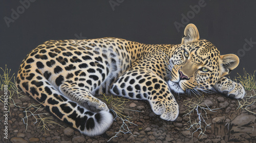 A realistic painting of a leopard lying down on grass with a gaze that seems fixated on the viewer photo