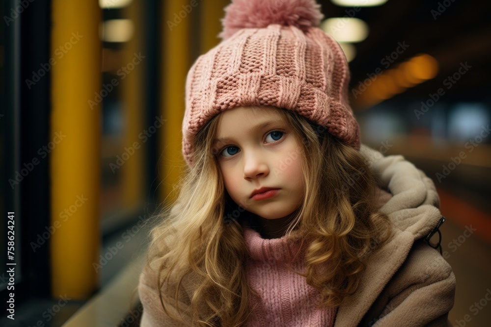 Portrait of a cute little girl in a pink knitted hat and coat. Portrait of a cute little girl in a pink knitted hat and coat.