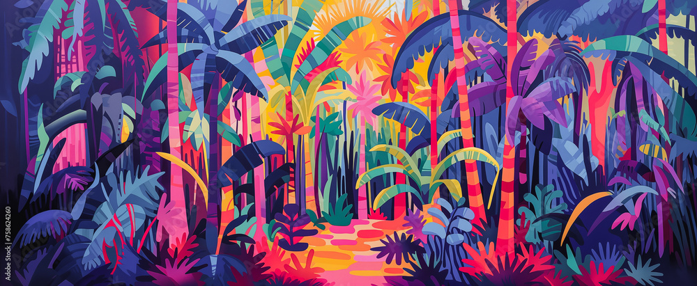 Tropical forest colorful illustration of palm trees and jungle flowers with hicking path. Summer rainforest adventure copy space panorama by Vita