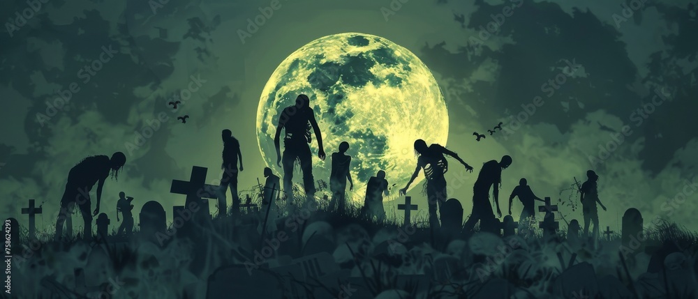 A dramatic scene of zombies awakening in a cemetery their silhouettes visible against the backdrop of a gloomy moonlit sky - obrazy, fototapety, plakaty 