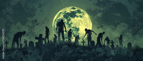 A dramatic scene of zombies awakening in a cemetery their silhouettes visible against the backdrop of a gloomy moonlit sky photo