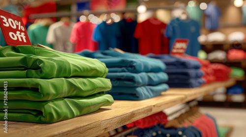 stacked pile of folded green shirts on a wooden table in a fashionable retail clothing store, with a variety of other garments arranged in the background.
