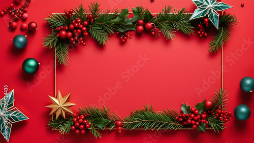 christmas wreath on a red background. creative christmas frame on red background xmas and new year holiday banner postcard invitation
