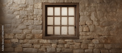 A rectangular window fixture made of wood is set into a stone wall, adding a touch of symmetry to the brickwork facade of the building