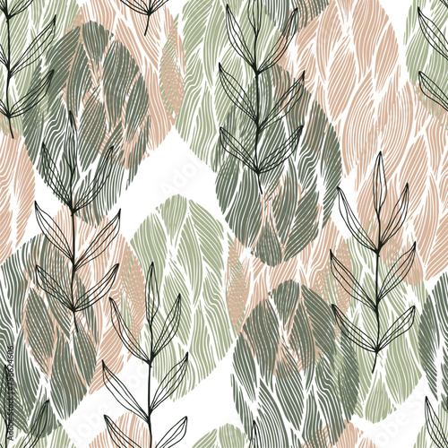 Scandinavian seamless doodle pattern with vintage leaves sketch. For wrapping paper. Ideal for wallpaper, surface textures, textiles.