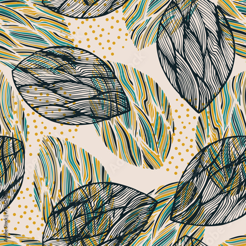 Scandinavian seamless doodle pattern with vintage leaves sketch. For wrapping paper. Ideal for wallpaper, surface textures, textiles.