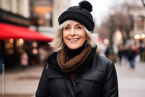 Portrait of a happy senior woman wearing a hat and scarf. © Igor
