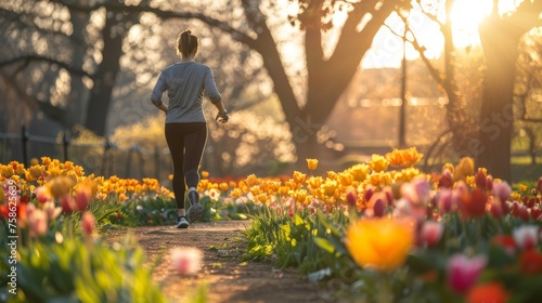 Rear view of a woman running along a park alley surrounded by bright colorful flowers. Female athlete jogging in the park on a beautiful spring morning. Outdoor activity and recreation concept. photo