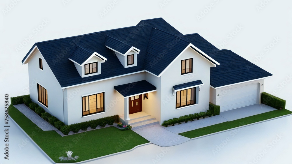 3D rendering of a modern suburban house with blue roof on white background, isolated with lawn. 3D rendering of a modern suburban house with blue roof on white background, isolated with lawn.