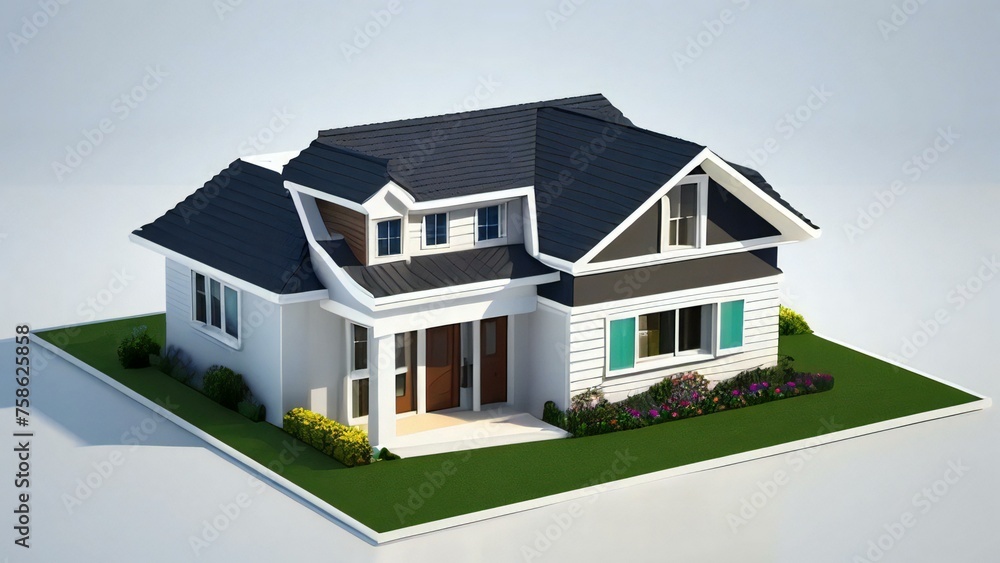 Modern suburban house with a dark roof and light blue siding, isolated on a white background with a green lawn.