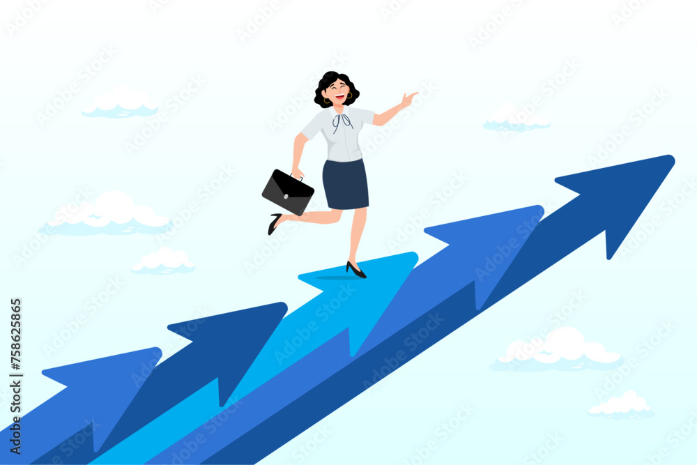 Confidence businesswoman walking up growth arrow stair, career growth, growing business or leadership to overcome challenge, motivation to succeed, career development or ambition to success (Vector)