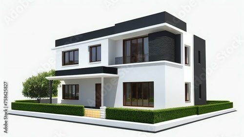 Modern two-story house with a flat roof, white facade, and green lawn on a white background. © home 3d