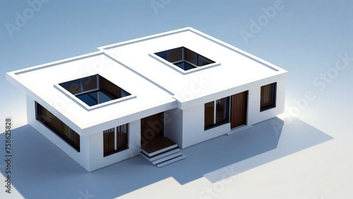 Modern minimalist house design with flat roofs and large windows on a plain background. © home 3d