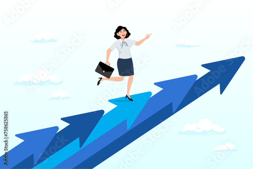 Confidence businesswoman walking up growth arrow stair, career growth, growing business or leadership to overcome challenge, motivation to succeed, career development or ambition to success (Vector)