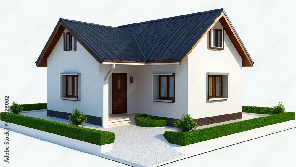 3D rendering of a modern suburban house with a dark roof, white walls, and green lawn on a white background.