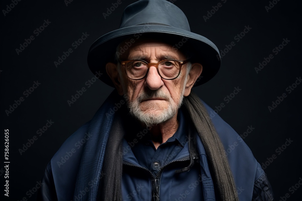 Portrait of an old man with hat and glasses. Studio shot. Portrait of an old man with hat and glasses. Studio shot.