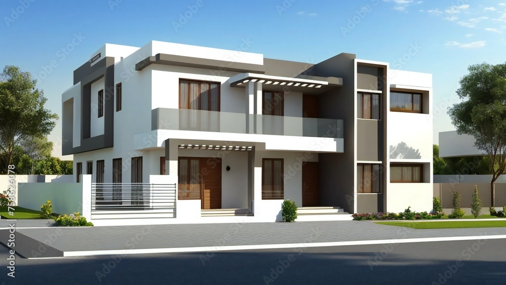Modern two-story house with a flat roof, large windows, and a landscaped front yard. Modern two-story house with a flat roof, large windows, and a landscaped front yard.