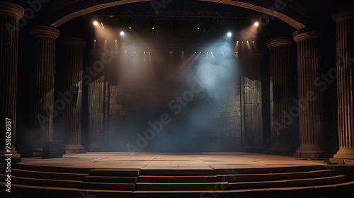 Empty theater stage with spotlight and smoke