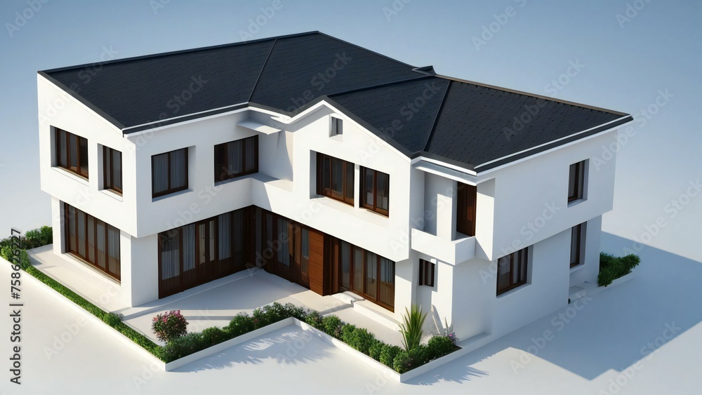 Modern two-story house with a black roof and white exterior on a white background. Modern two-story house with a black roof and white exterior on a white background.
