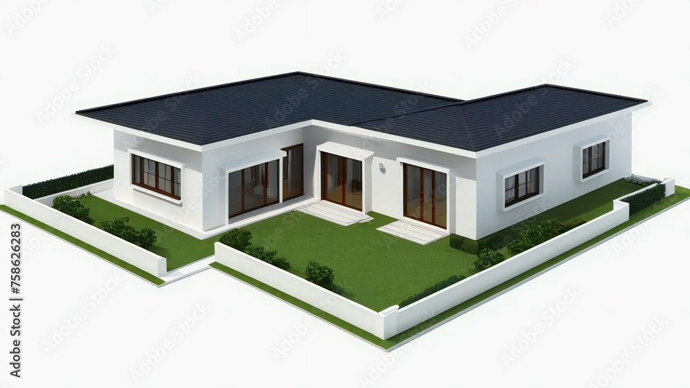 Modern single-story house with a flat roof, white walls, and green lawn on an isolated background.
