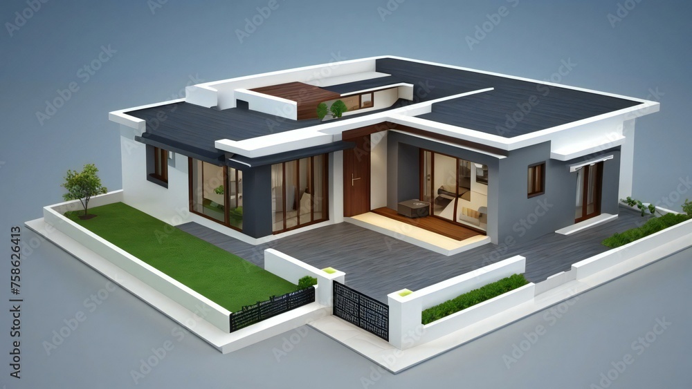 Modern single-story house with flat roof design, landscaped lawn, and spacious terrace, isolated on a grey background. Modern single-story house with flat roof design, landscaped lawn, and spacious terrace, isolated on a grey background.