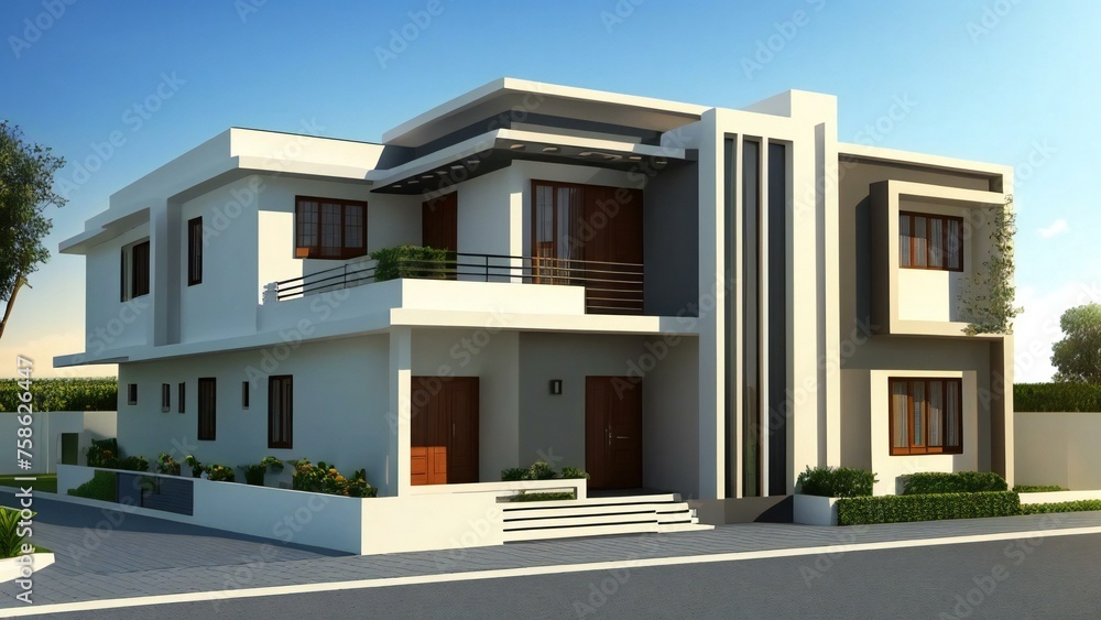 Modern two-story house with a flat roof, balcony, and stylish exterior design on a clear day.