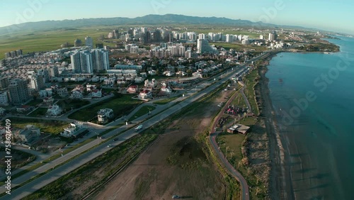 flying from a drone over the road. view of the city of Iskele. Northern Cyprus